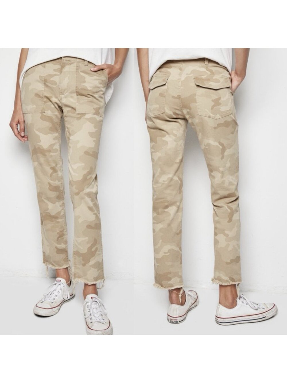Nili Lotan Jenna Pant in Beige Khaki Camouflage Frayed Hem Trouser Women’s Sz 10